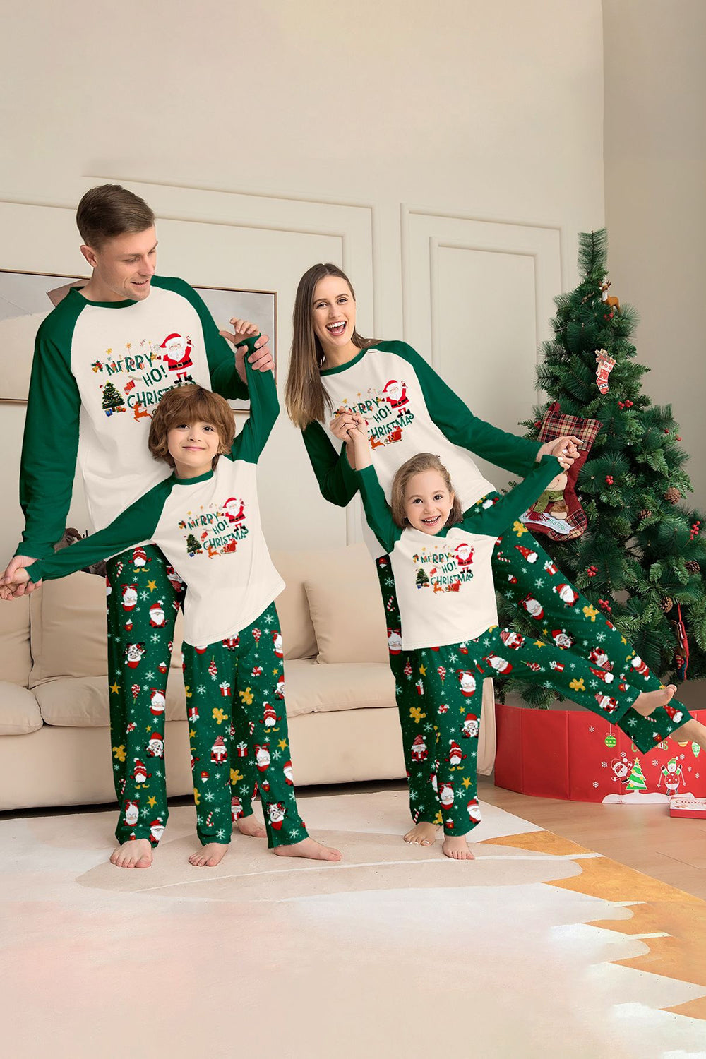 Dark Green Christmas Print Santa Family Matching Pajamas Sets