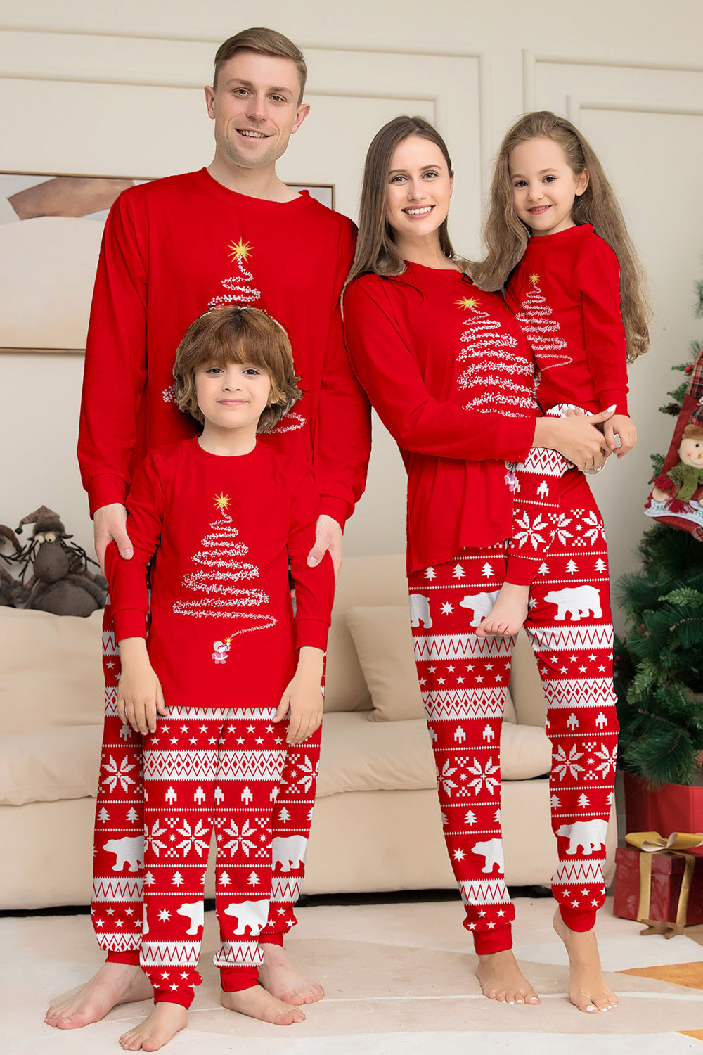 Red Print Tree Long Sleeve Christmas Family Matching Pajamas