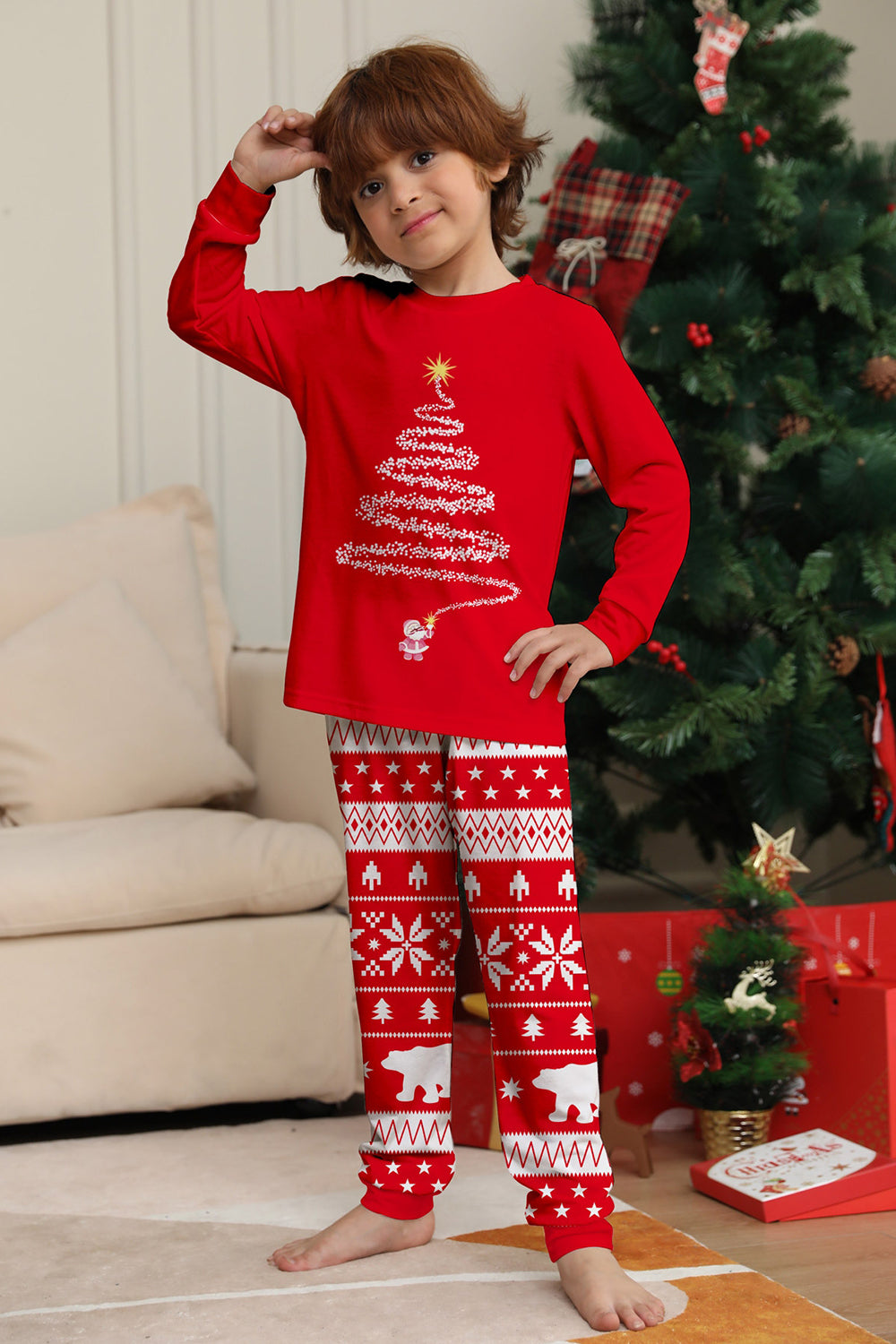 Red Print Tree Long Sleeve Christmas Family Matching Pajamas