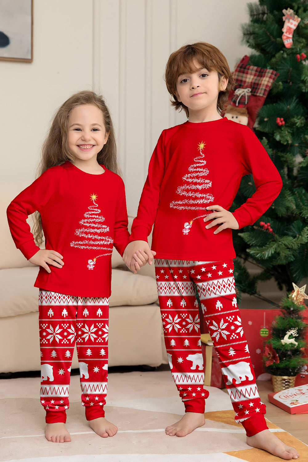 Red Print Tree Long Sleeve Christmas Family Matching Pajamas