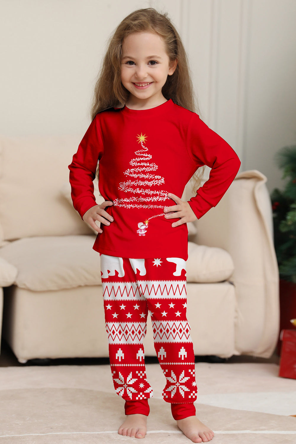Red Print Tree Long Sleeve Christmas Family Matching Pajamas