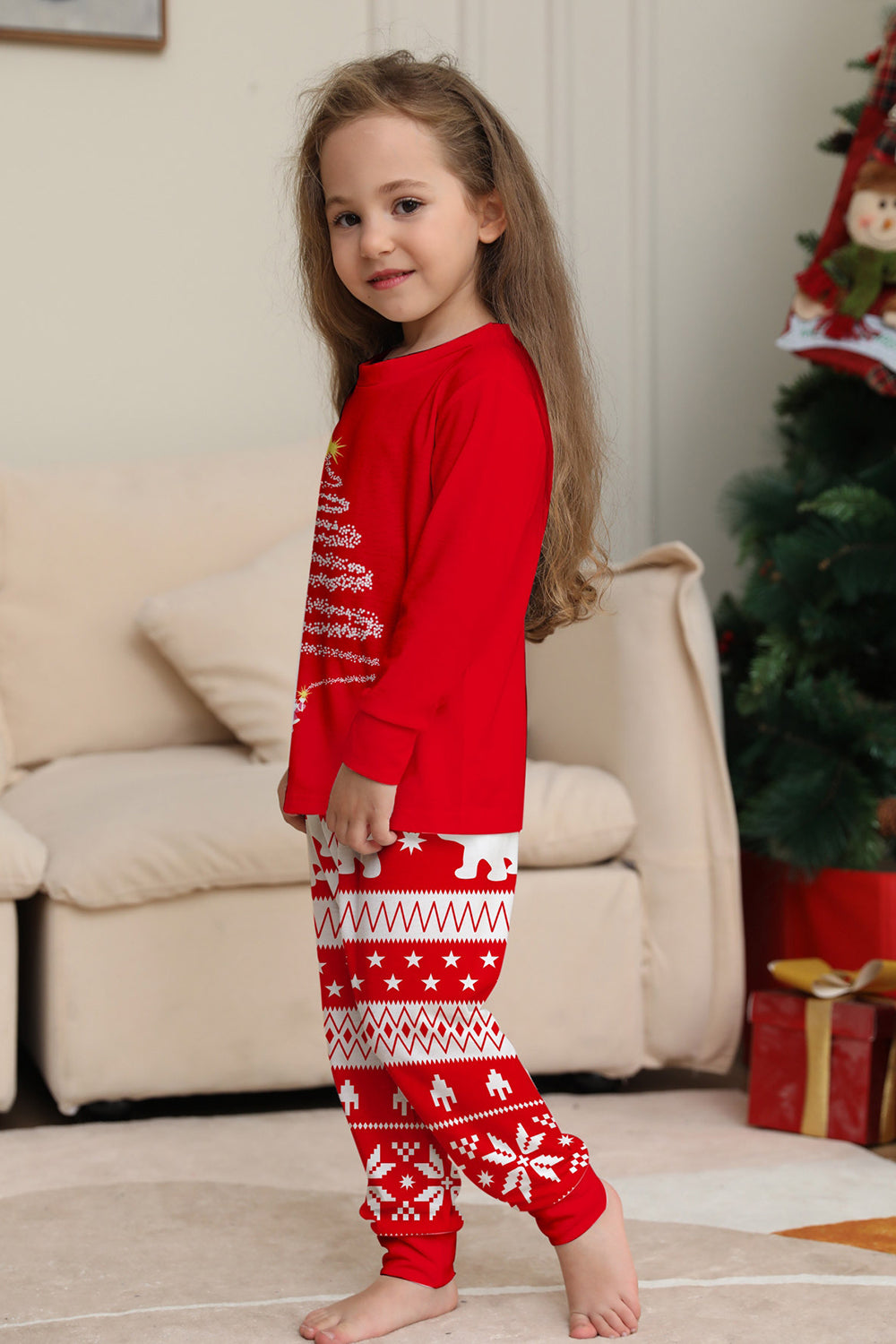 Red Print Tree Long Sleeve Christmas Family Matching Pajamas