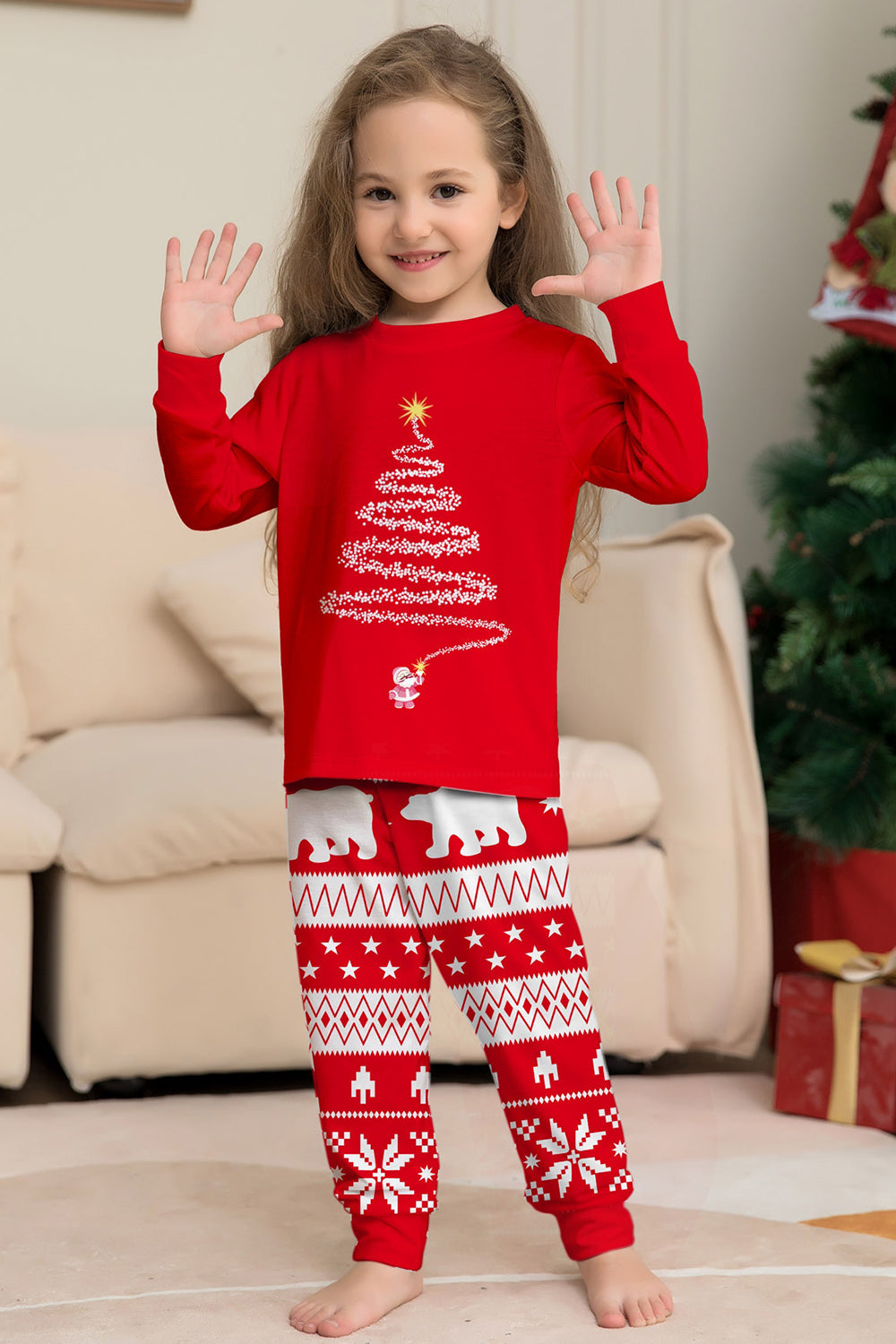 Red Print Tree Long Sleeve Christmas Family Matching Pajamas