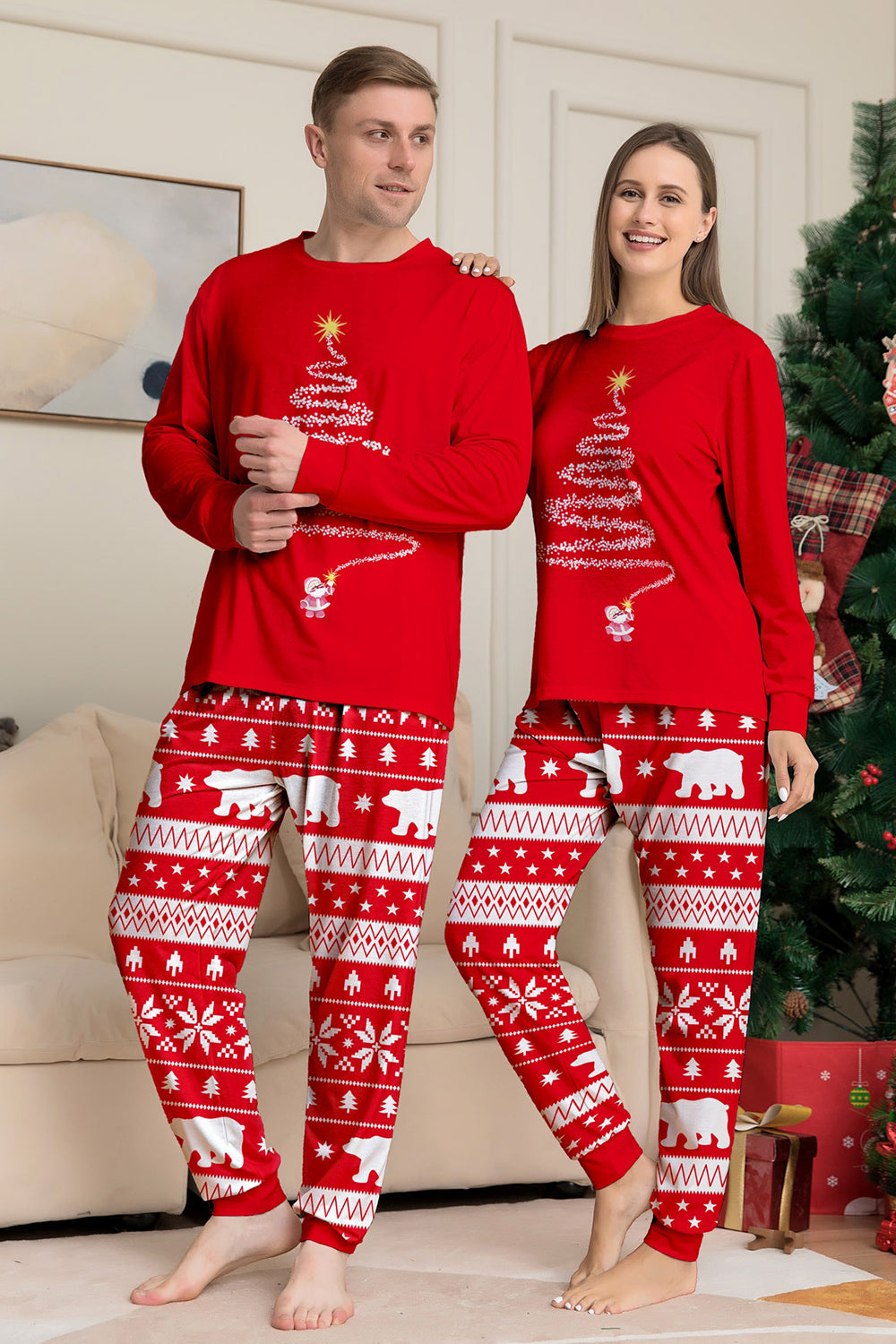 Red Print Tree Long Sleeve Christmas Family Matching Pajamas
