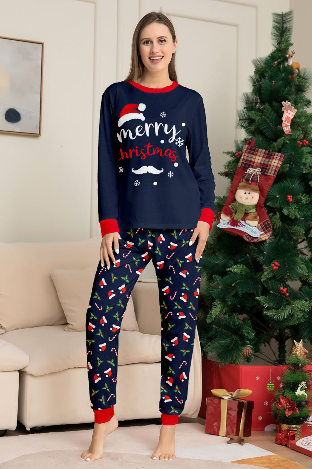 Navy Merry Christmas Print Family Matching Pajamas Set