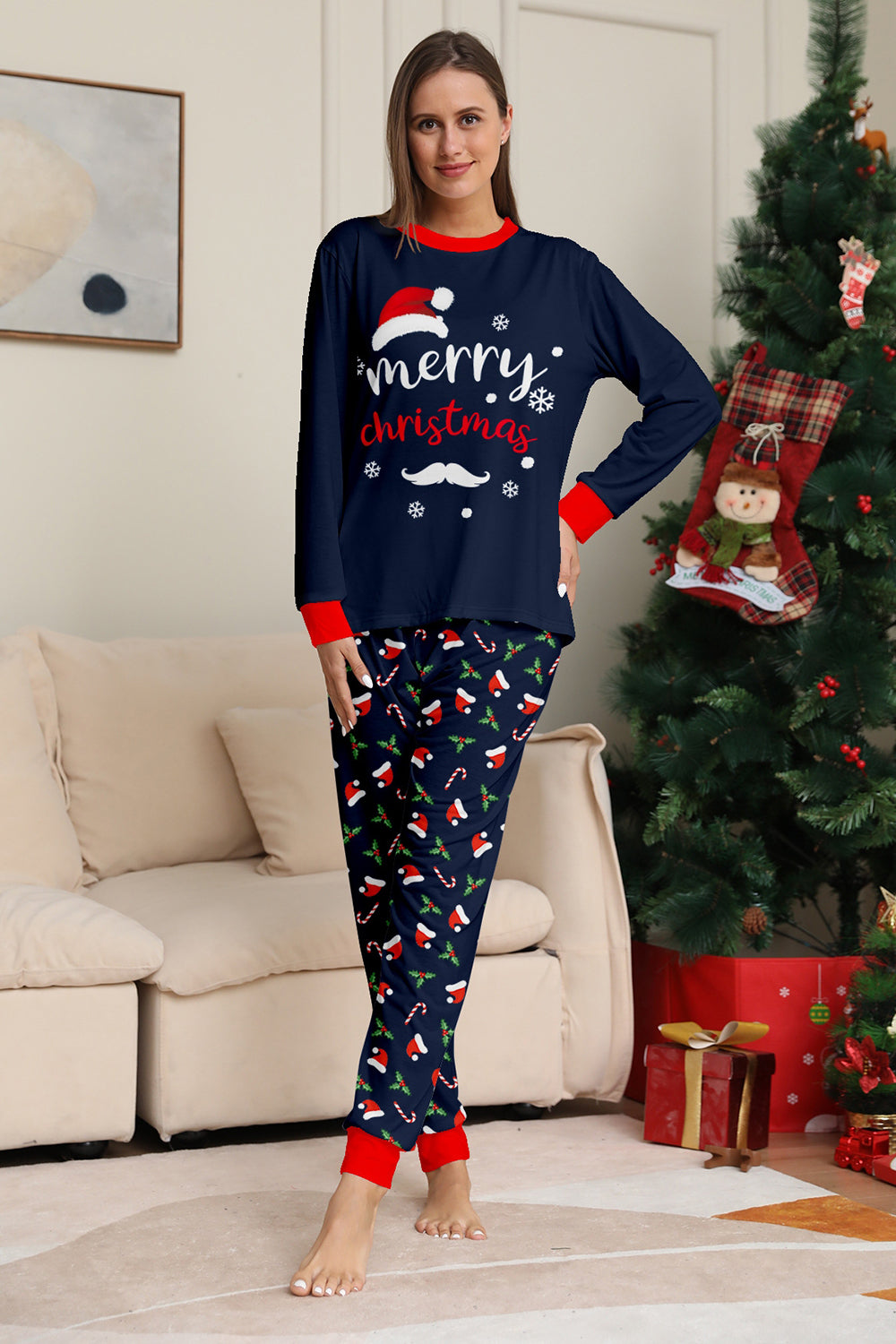 Navy Merry Christmas Print Family Matching Pajamas Set