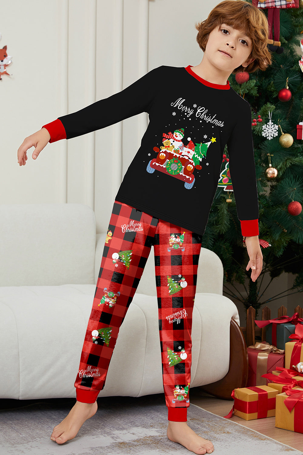 Black Red Print Merry Christmas Plaid Family Matching Pajamas Set