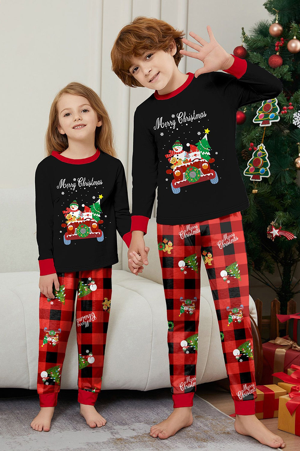 Black Red Print Merry Christmas Plaid Family Matching Pajamas Set