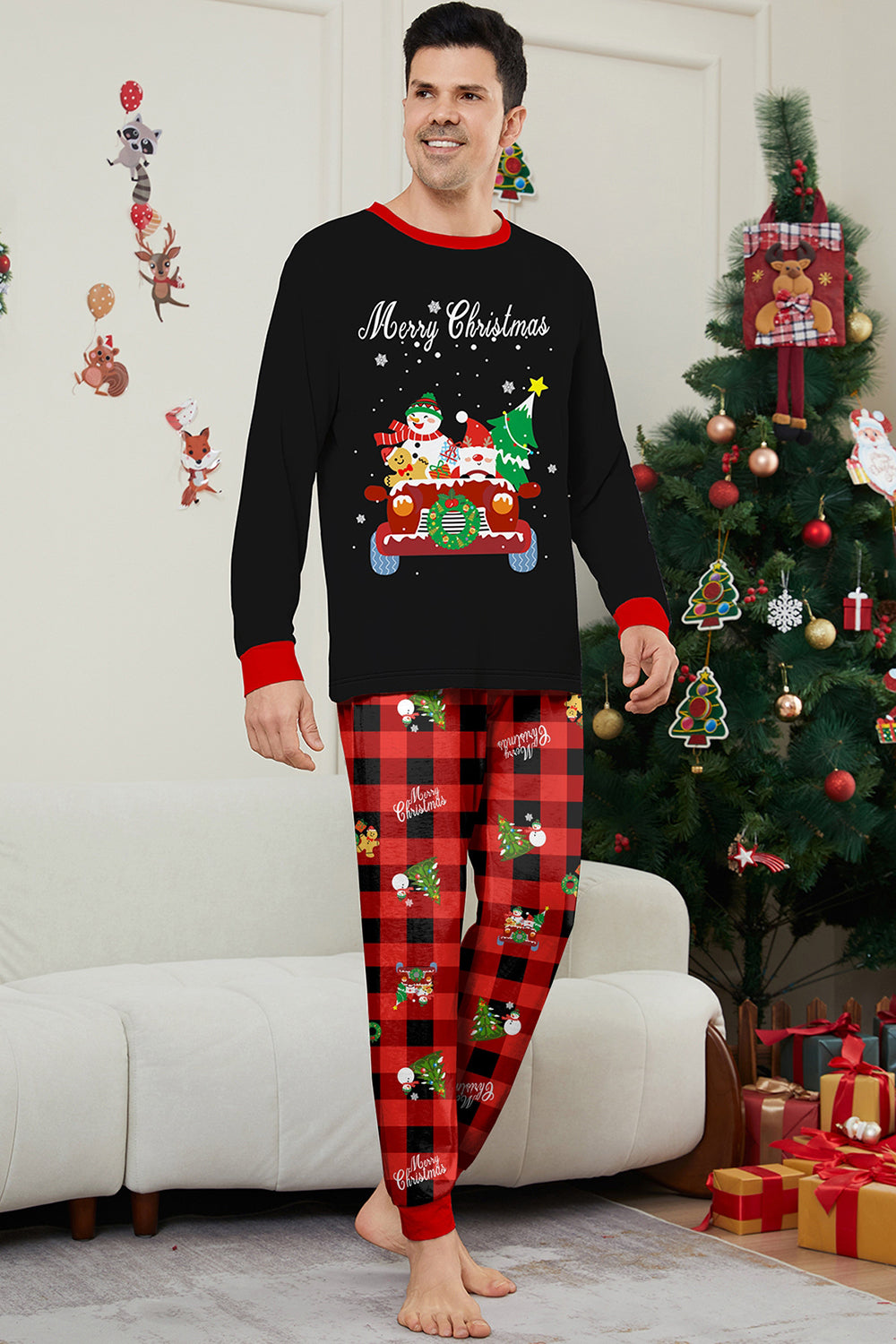 Black Red Print Merry Christmas Plaid Family Matching Pajamas Set