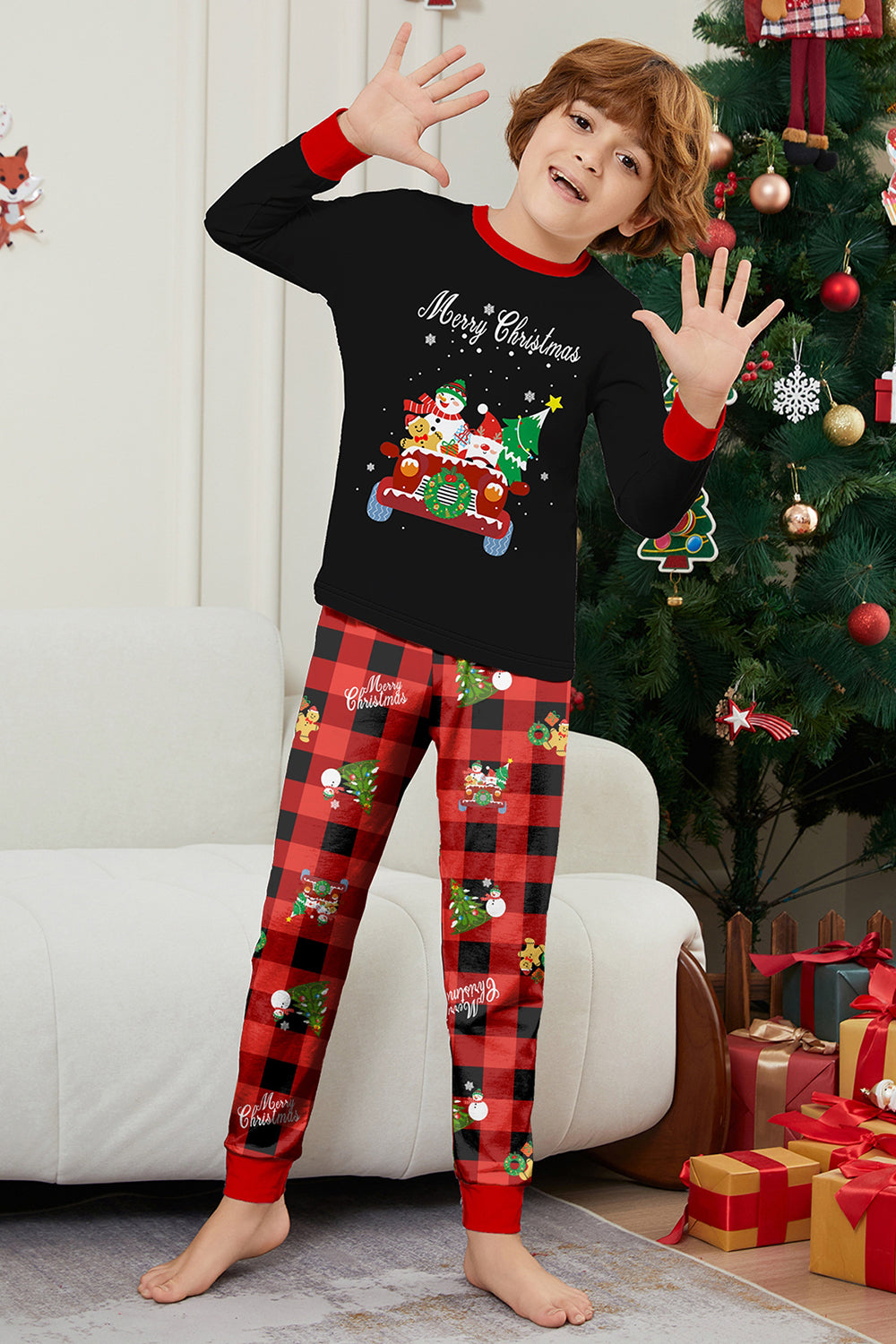 Black Red Print Merry Christmas Plaid Family Matching Pajamas Set