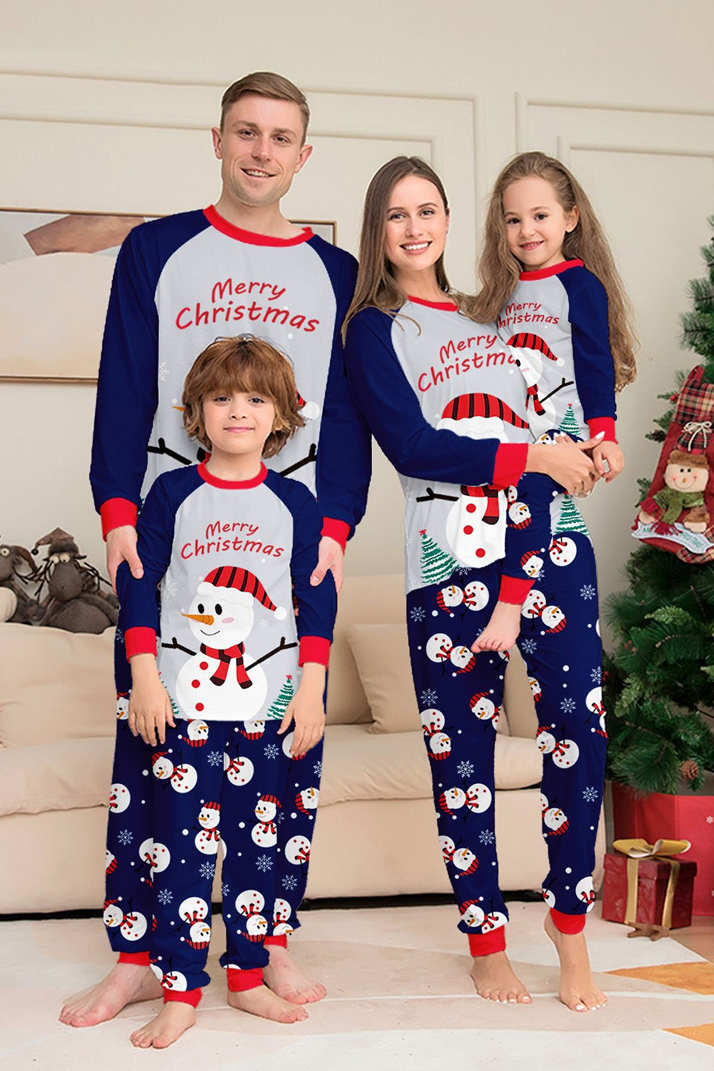 Grey Blue Snowman Print Christmas Family Matching Pajamas