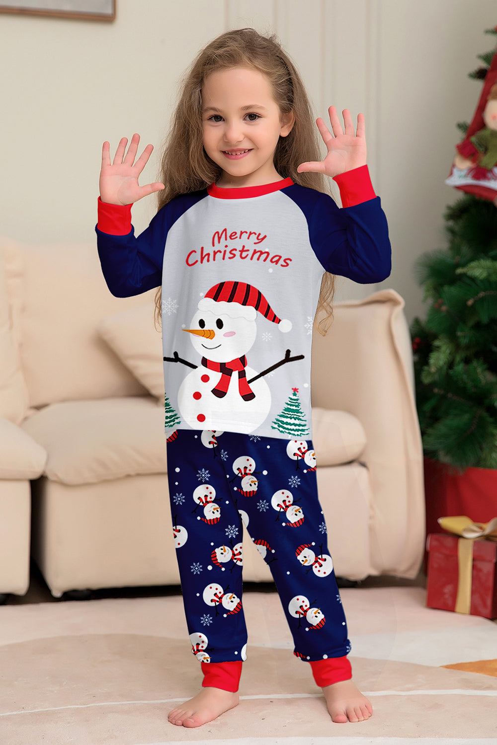 Grey Blue Snowman Print Christmas Family Matching Pajamas