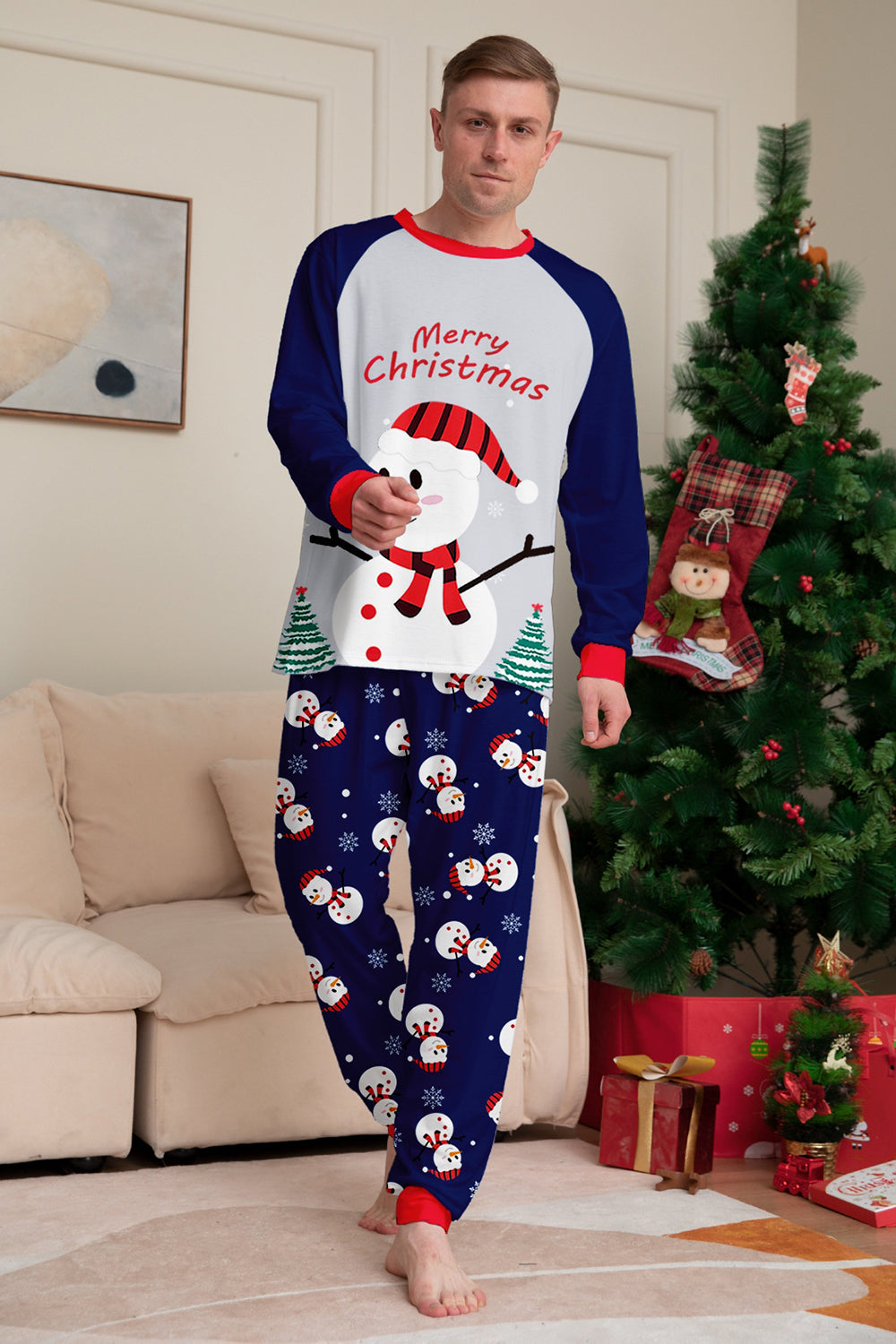 Grey Blue Snowman Print Christmas Family Matching Pajamas