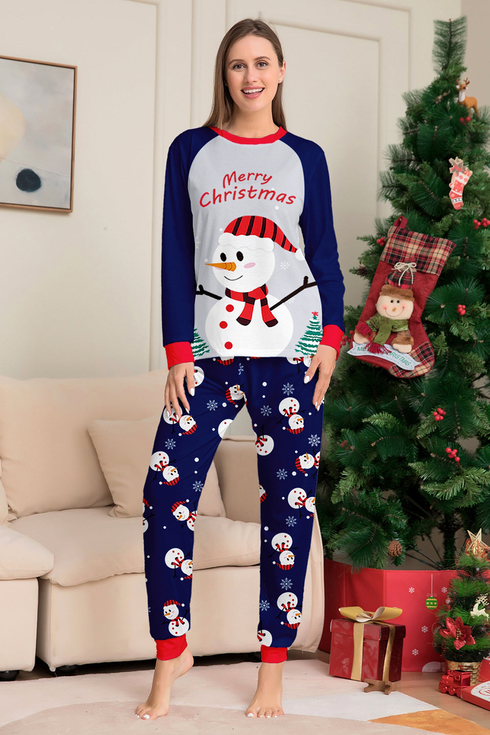 Grey Blue Snowman Print Christmas Family Matching Pajamas