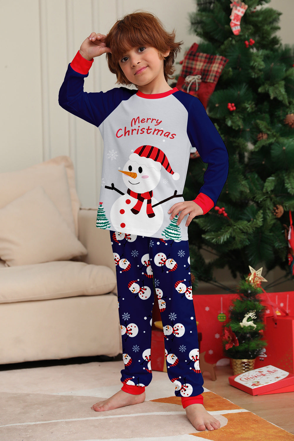 Grey Blue Snowman Print Christmas Family Matching Pajamas