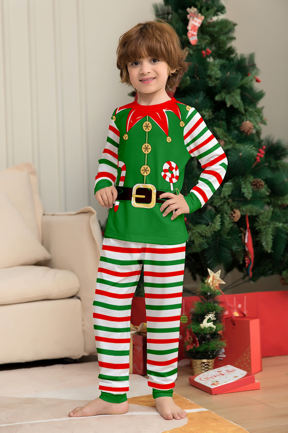 Green Horizontal Stripe Print Christmas Family Matching Pajama Set