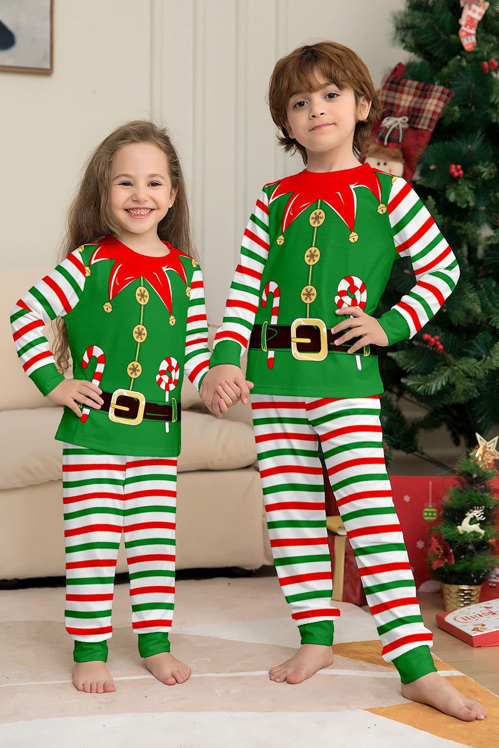 Green Horizontal Stripe Print Christmas Family Matching Pajama Set