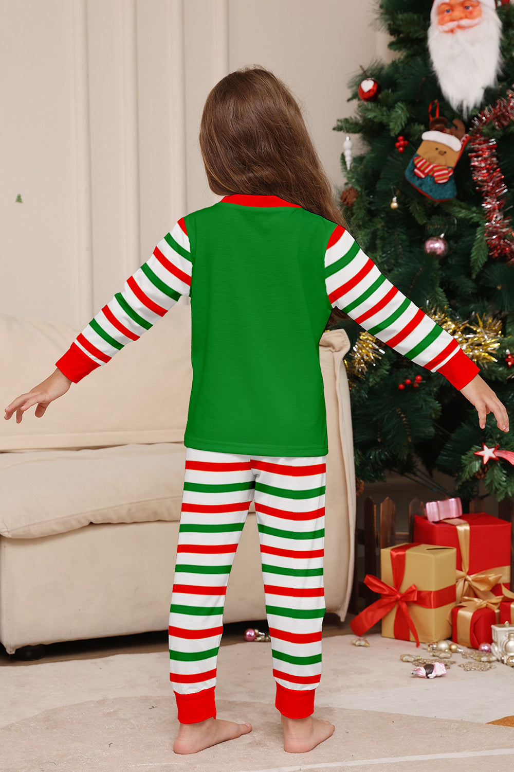 Green Horizontal Stripe Print Christmas Family Matching Pajama Set