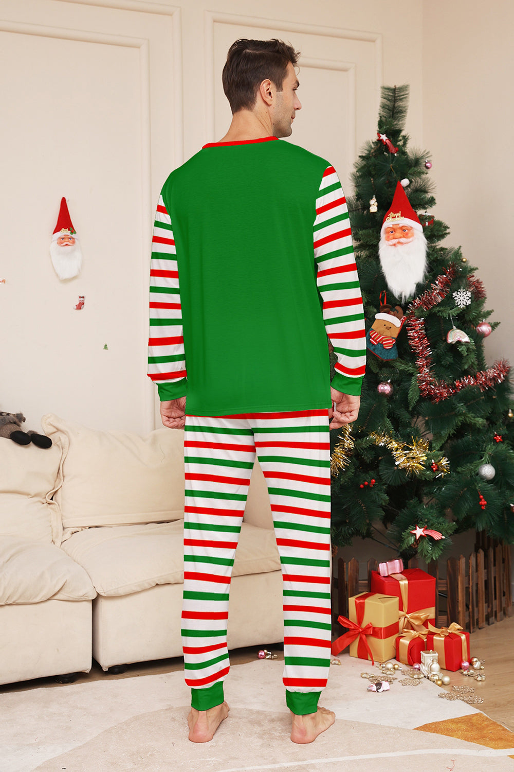 Green Horizontal Stripe Print Christmas Family Matching Pajama Set