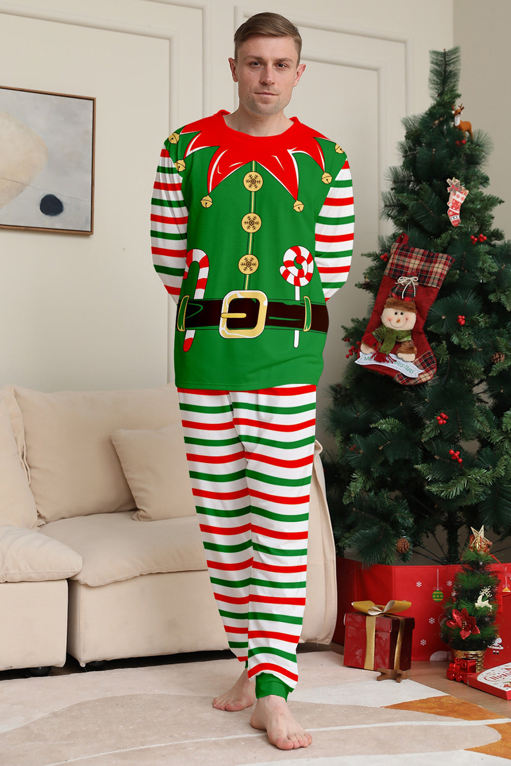 Green Horizontal Stripe Print Christmas Family Matching Pajama Set