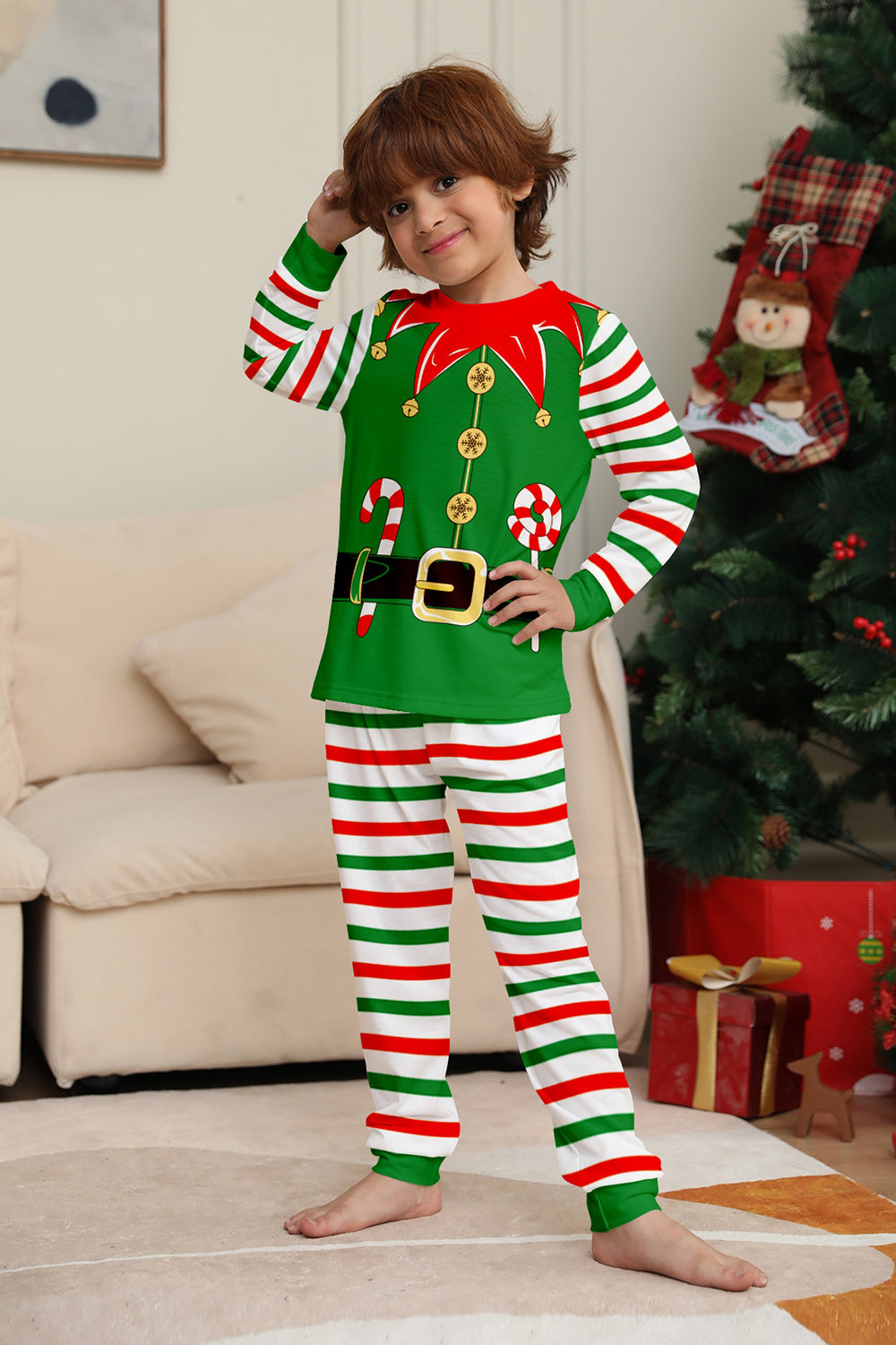 Green Horizontal Stripe Print Christmas Family Matching Pajama Set
