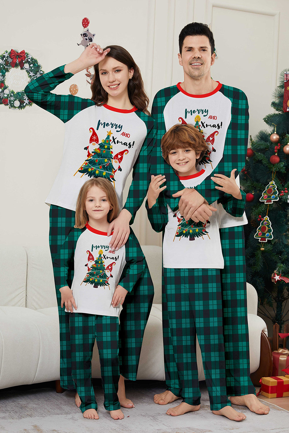 Green Merry Christmas Plaid Print Family Matching Pajamas Set