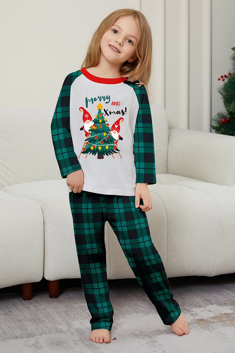 Green Merry Christmas Plaid Print Family Matching Pajamas Set