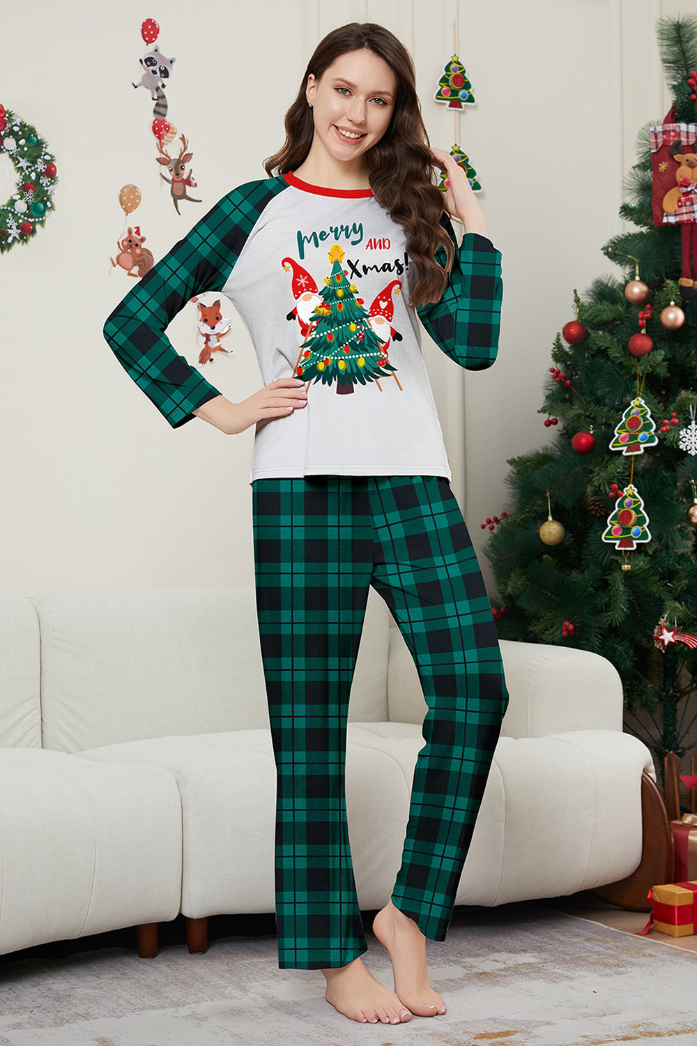Green Merry Christmas Plaid Print Family Matching Pajamas Set