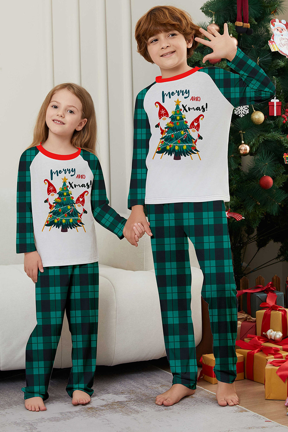 Green Merry Christmas Plaid Print Family Matching Pajamas Set