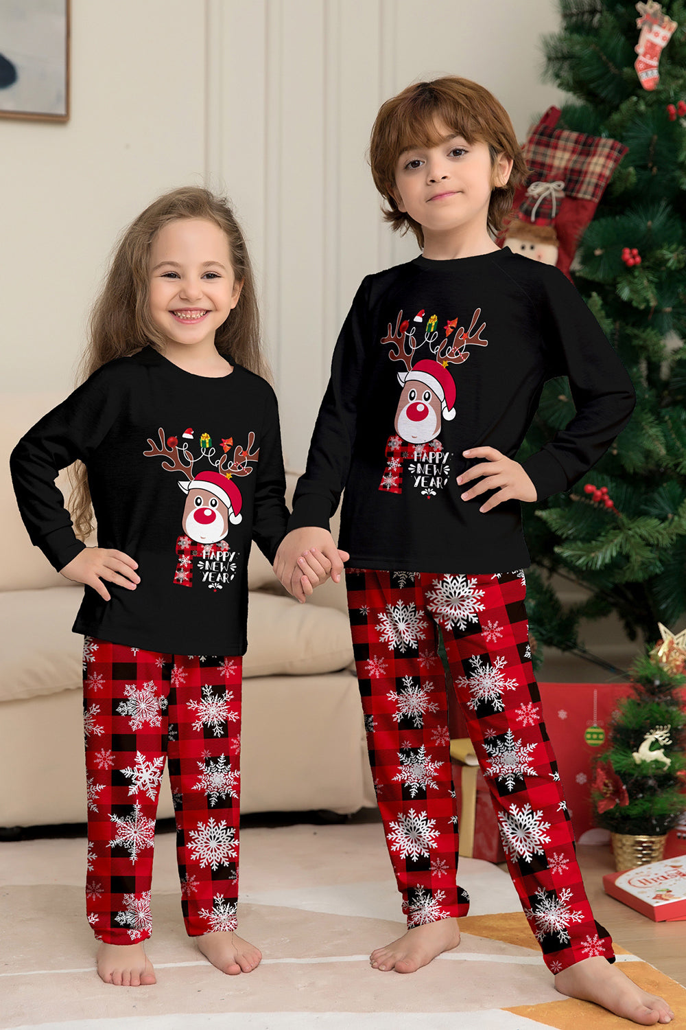 Black Red Reindeer Snowflake Print Christmas Family Matching Pajamas Set