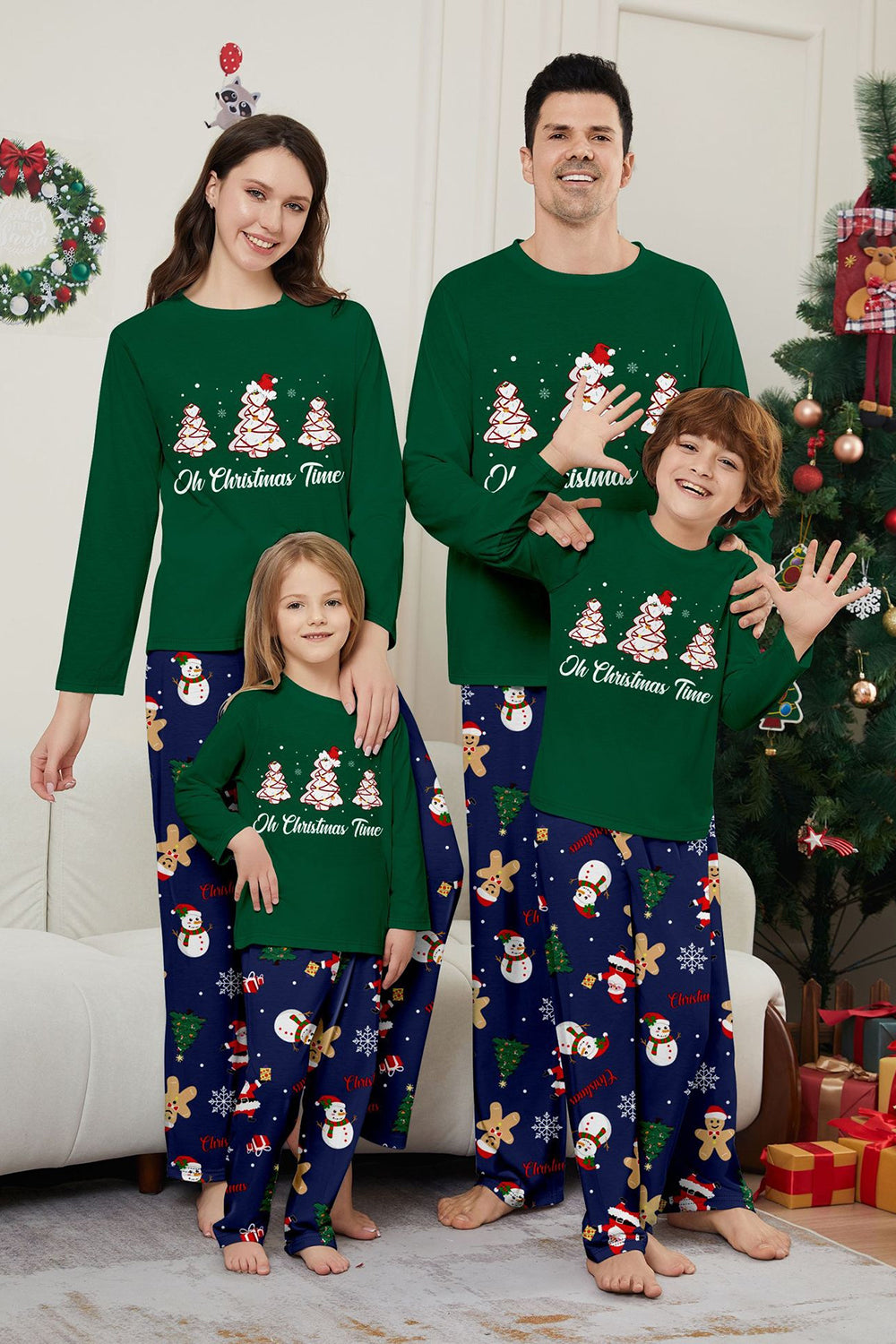 Green Blue Tree Print Long Sleeve Christmas Family Matching Pajamas