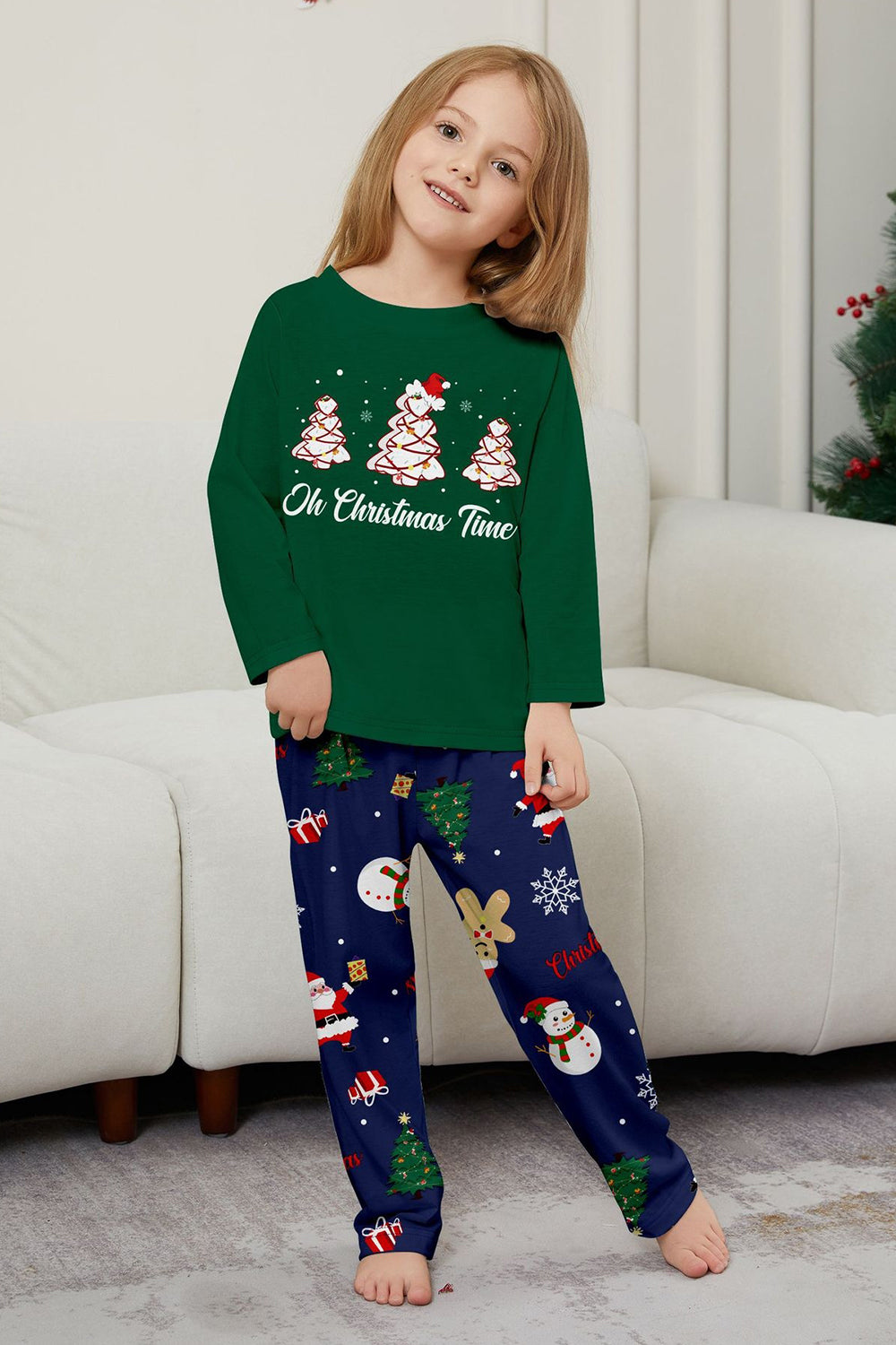 Green Blue Tree Print Long Sleeve Christmas Family Matching Pajamas