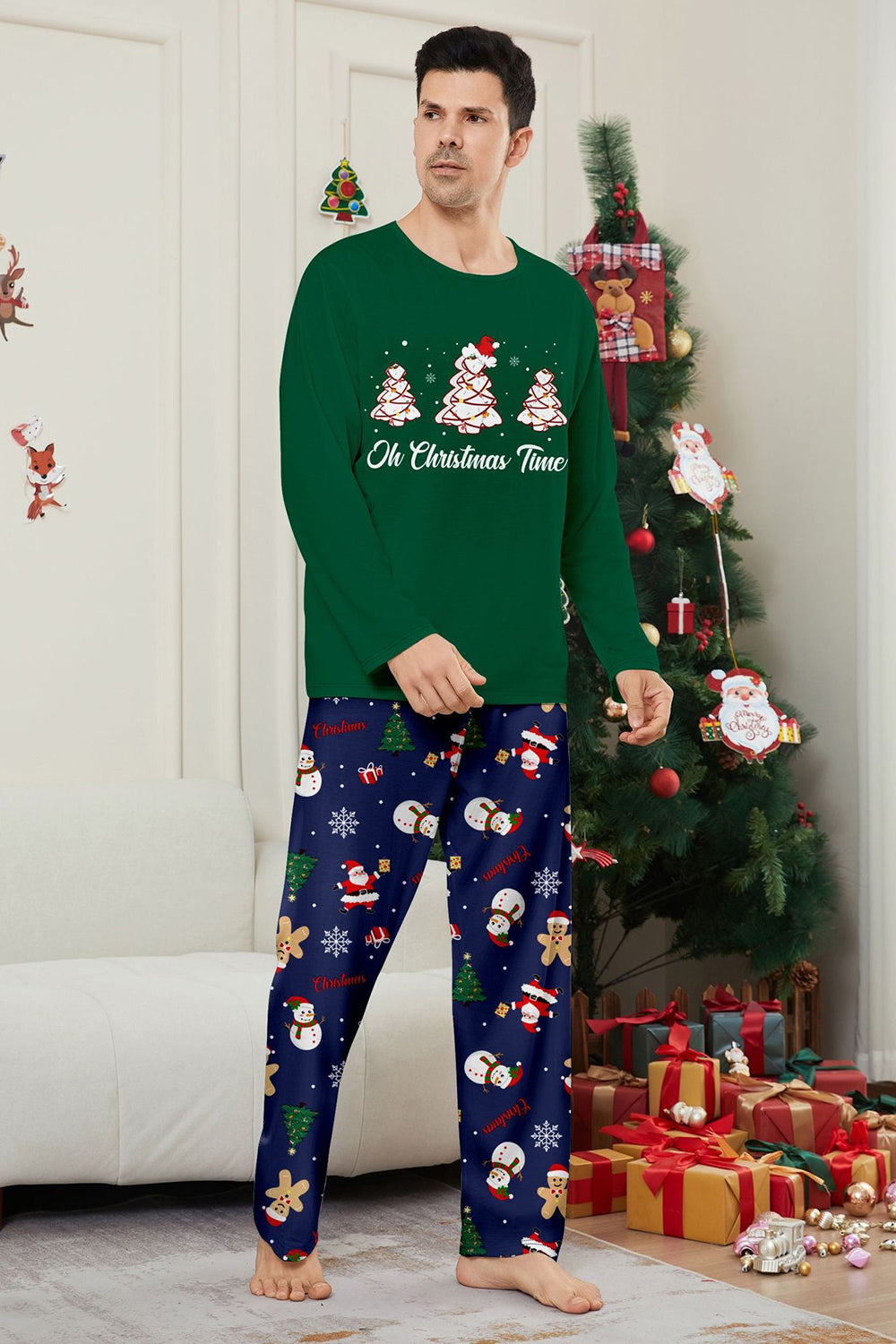 Green Blue Tree Print Long Sleeve Christmas Family Matching Pajamas