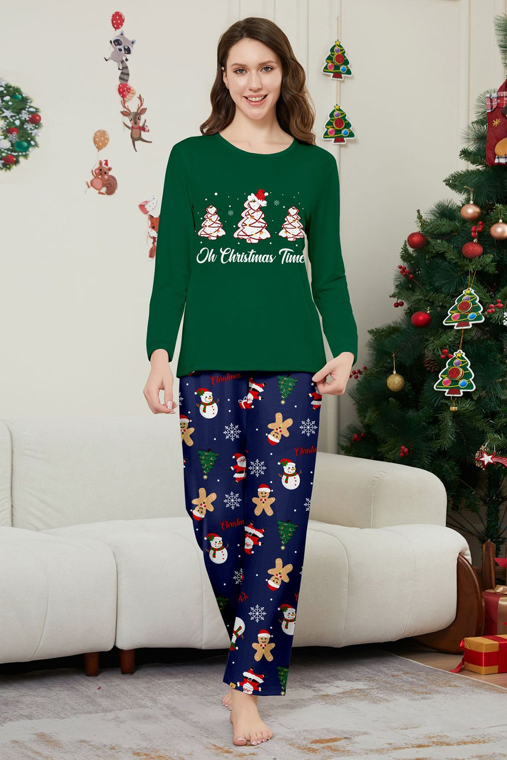 Green Blue Tree Print Long Sleeve Christmas Family Matching Pajamas