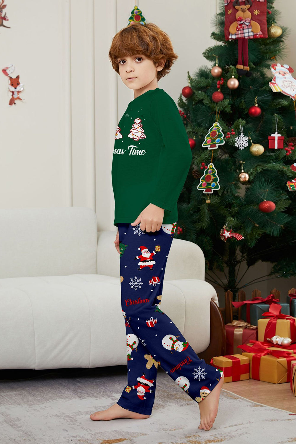 Green Blue Tree Print Long Sleeve Christmas Family Matching Pajamas