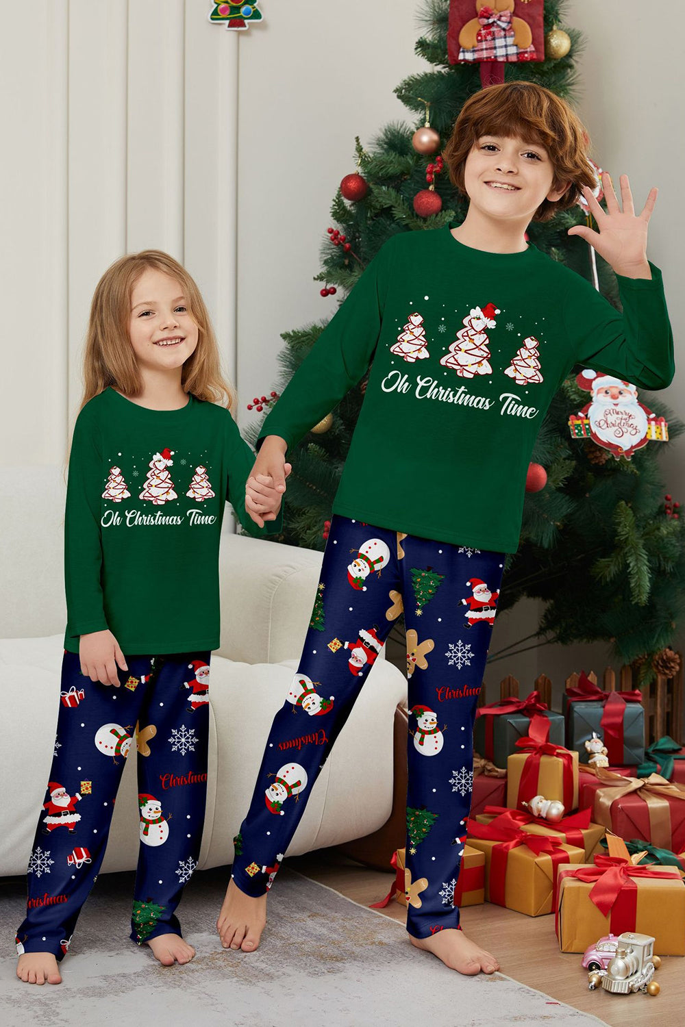 Green Blue Tree Print Long Sleeve Christmas Family Matching Pajamas