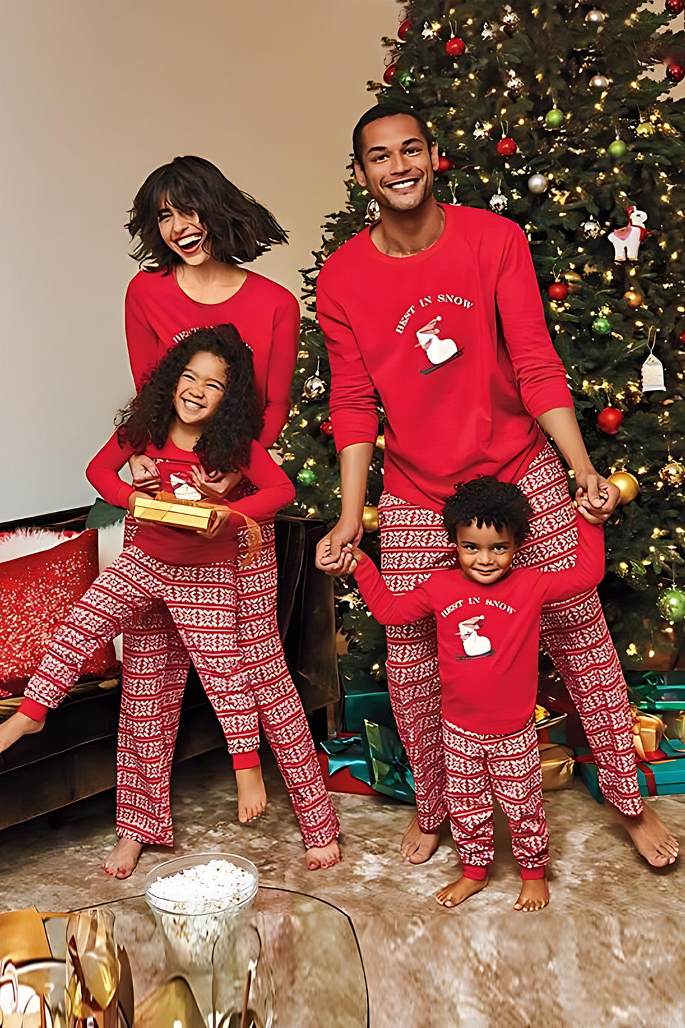Red Printed Long Sleeve Christmas Family Matching Pajamas