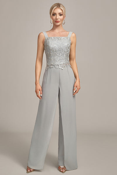 Zapaka Women Silver Chiffon Pant and Lace Mother of The Bride Pant