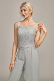 Silver Chiffon Pant and Lace Top Mother of The Bride Wide Pant Suits