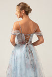 Cold Shoulder A-Line Blue Printed Long Corset Prom Dress with Slit