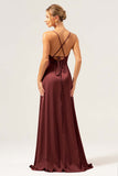 Burgundy A Line Spaghetti Straps Backless Satin Long Bridesmaid Dress with Slit