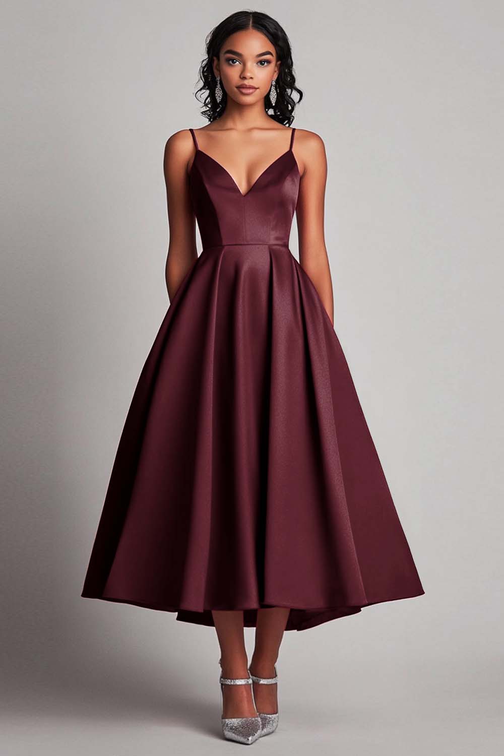 Red Satin A-Line Tea Length Formal Dress