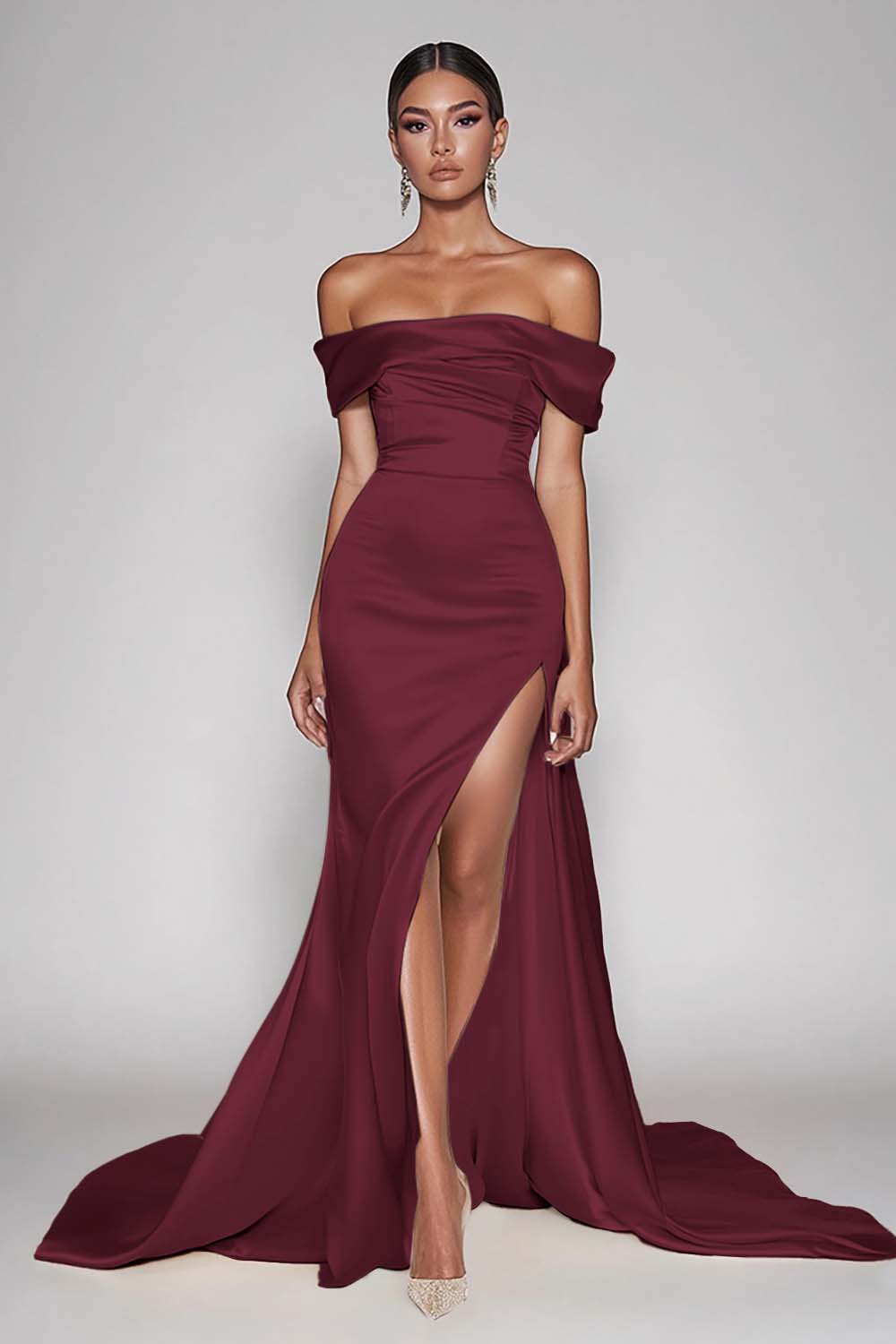 Champagne Off The Shoulder Satin Long Mermaid Prom Dress with Slit