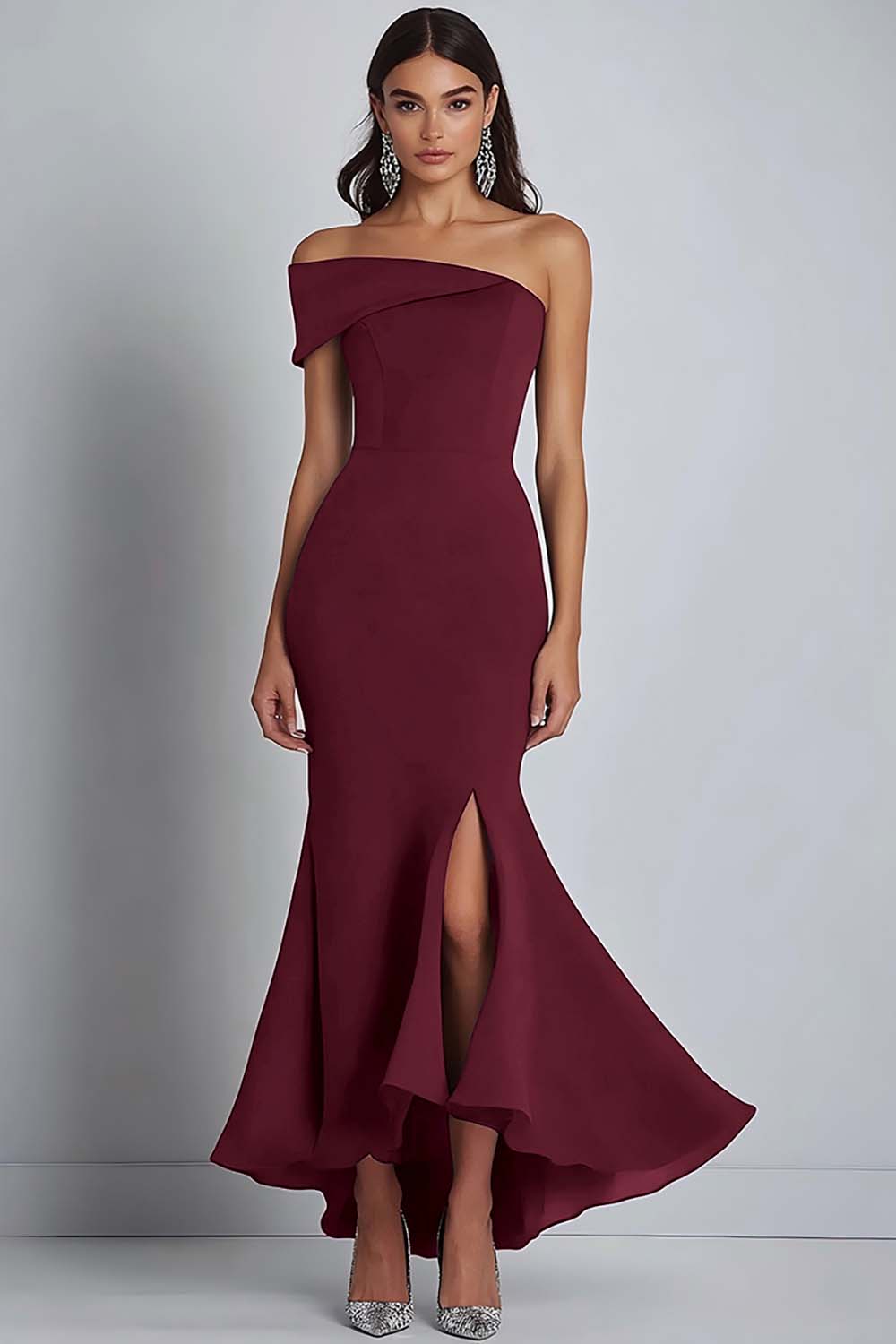 Navy Crepe One Shoulder Sheath Formal Dress with Slit