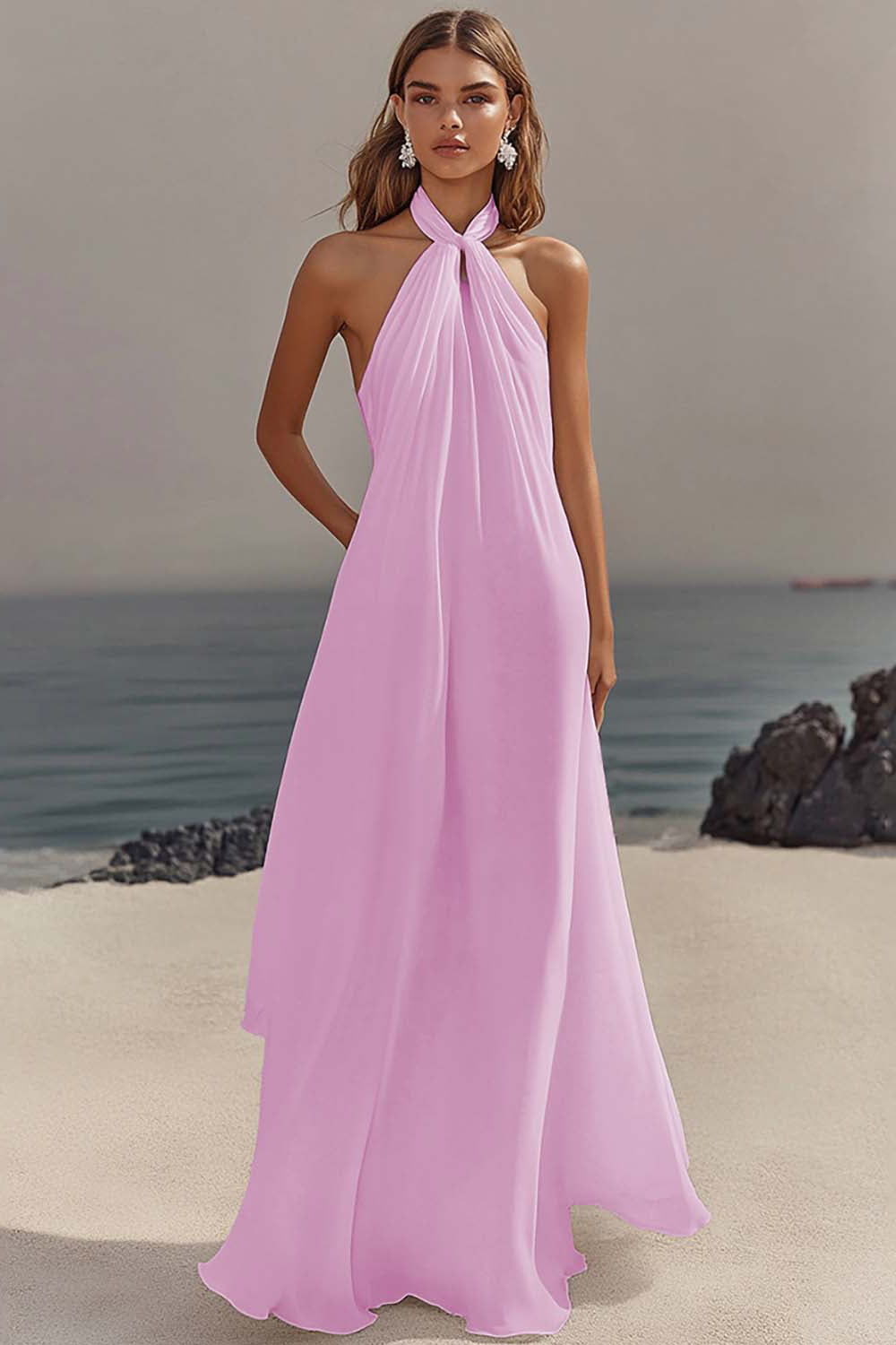 White Sheath Halter Chiffon Long Boho Beach Dress