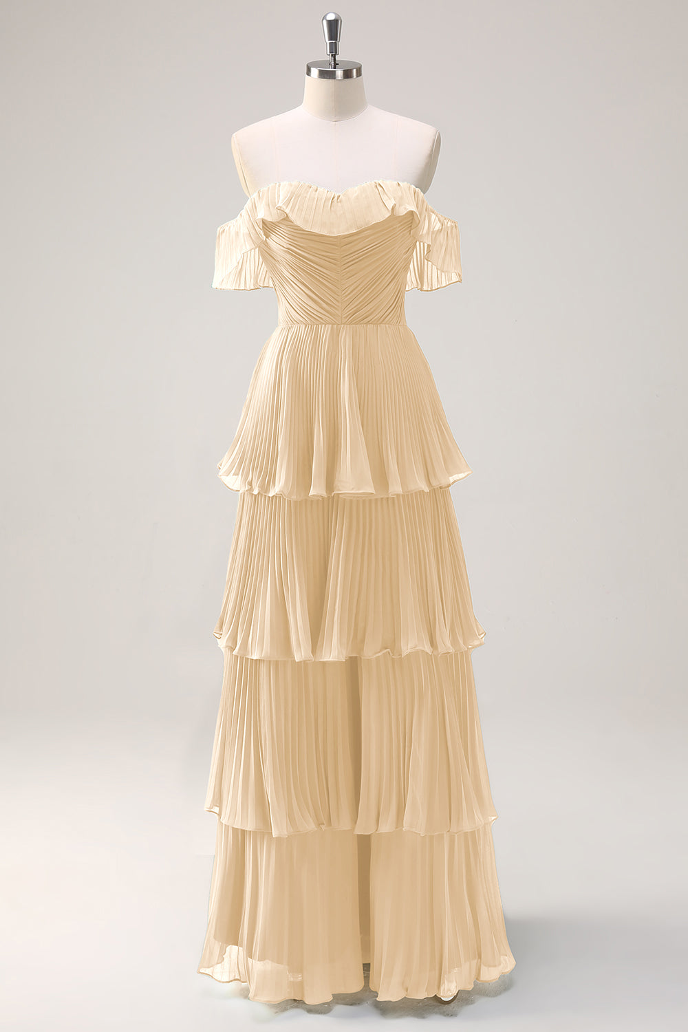 Eucalyptus A Line Off the Shoulder Tiered Pleated Long Bridesmaid Dress with Slit