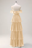 Eucalyptus A Line Off the Shoulder Tiered Pleated Long Bridesmaid Dress with Slit