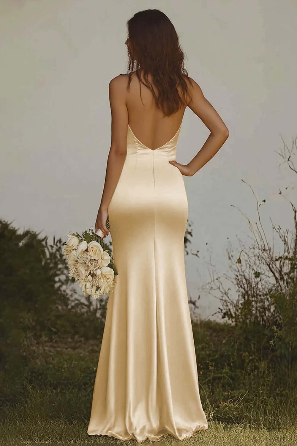 Light yellow Halter Mermaid Satin Bridesmaid Dress