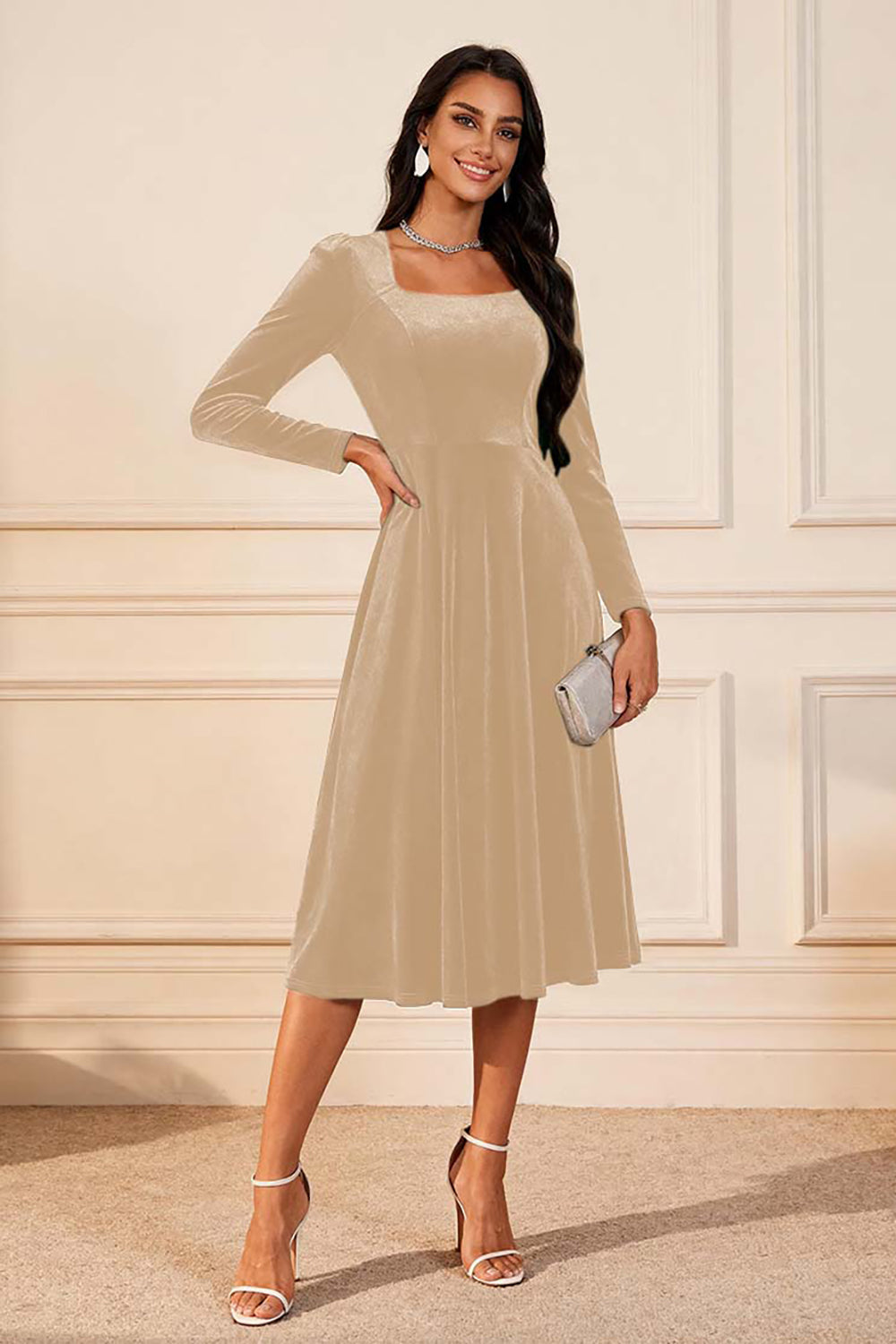 Dark Green A Line Velvet Long Sleeve Holiday Party Dress