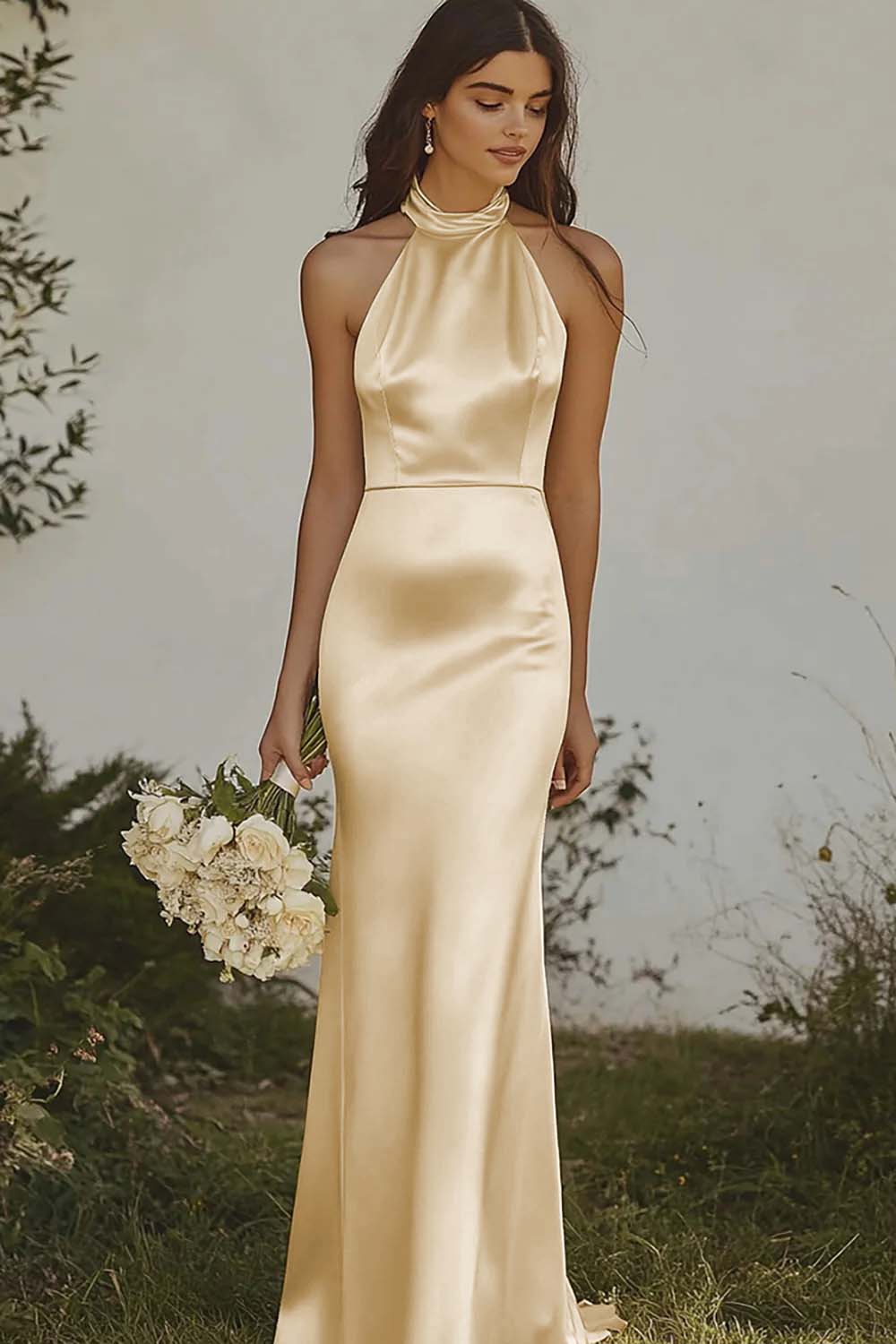 Light yellow Halter Mermaid Satin Bridesmaid Dress